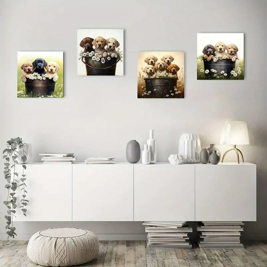 4pcs Adorable Puppies In Flower Pot Wall Art Canvas Framed