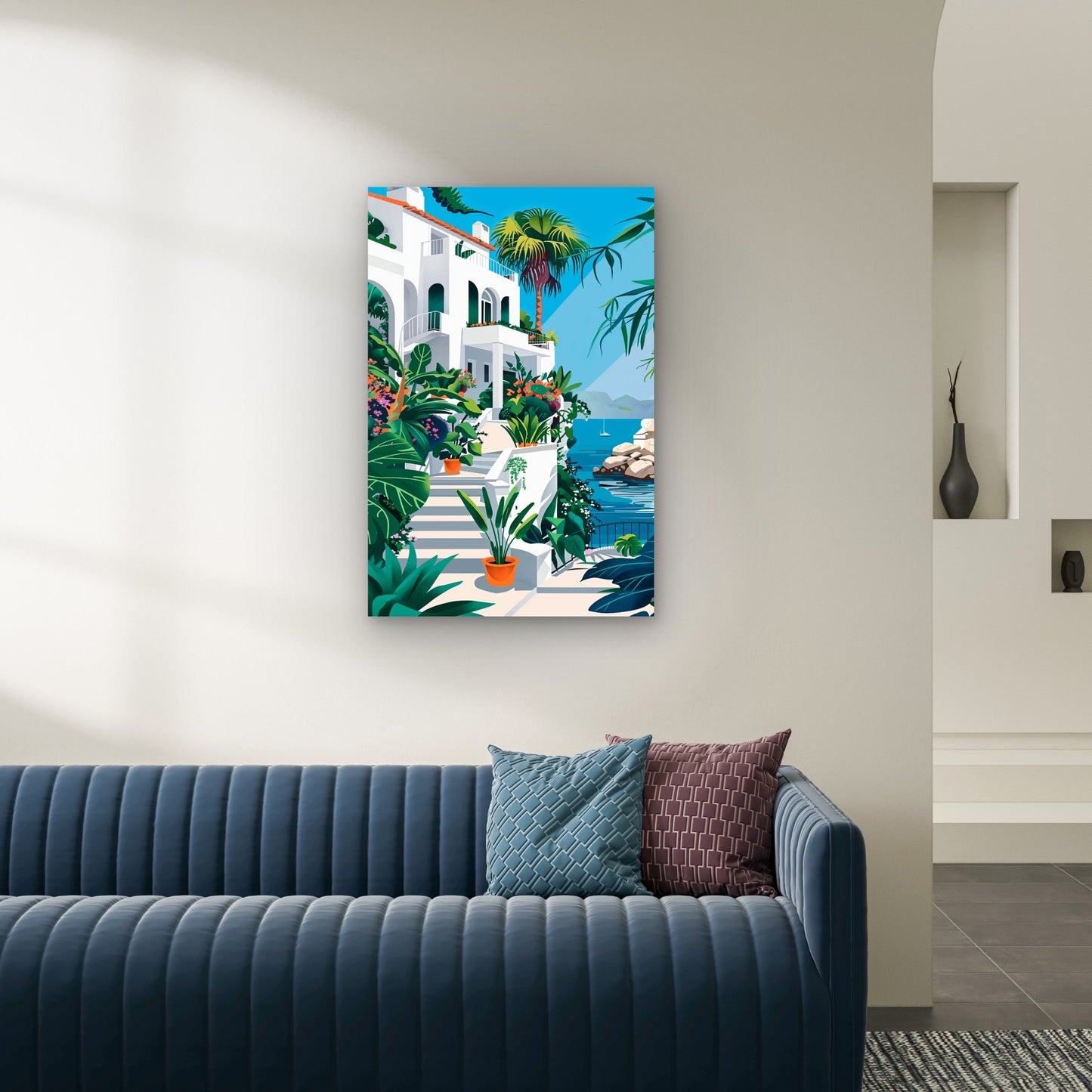 Mediterranean Village Landscape Digital Art Style 40x60cm Metal Print Ready to Hang