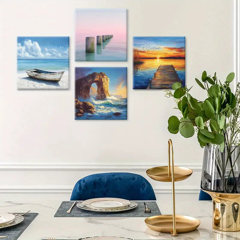 4pcs Sunset & Wave Scenes Wall Art Canvas Framed