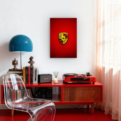 Porsche Emblem Mounted On A Vibrant Red Surface 40x60cm Metal Print Ready to Hang - Bella Home Decor