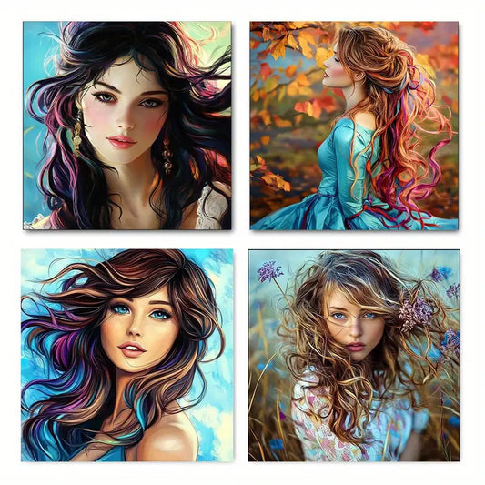 4pcs Girl With Colorful Hair Wall Art Canvas Framed