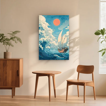 Navigating a Stormy Sea with a Rising Red Sun 60x90cm Metal Print Ready to Hang - Bella Home Decor