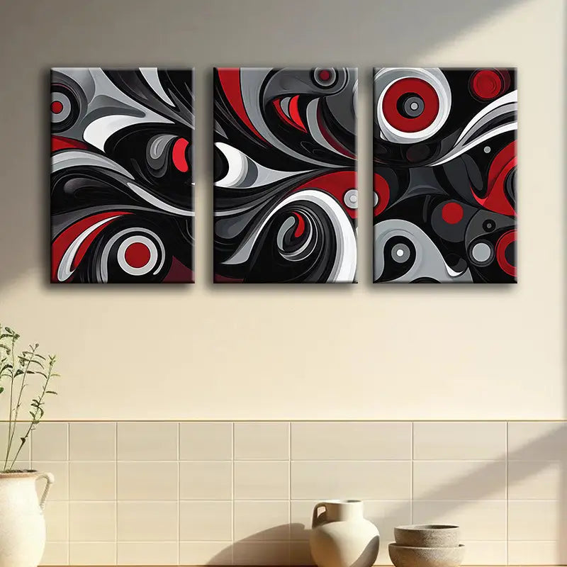3pcs Black, Gray, Red & White Large Square Panels Metal Print Ready to Hang Art - Bella Home Decor