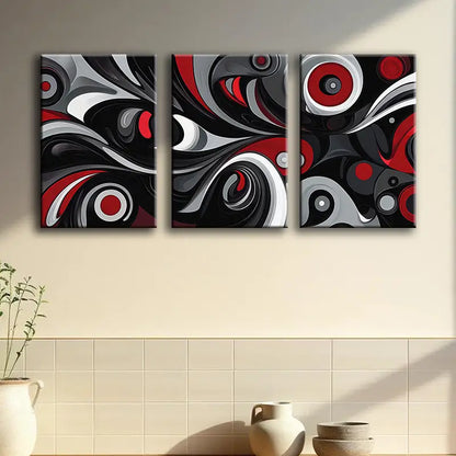 3pcs Black, Gray, Red & White Large Square Panels Metal Print Ready to Hang Art - Bella Home Decor