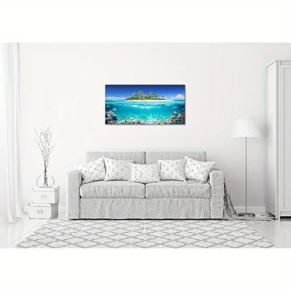 Vibrant Tropical Oceanic Split Waterline Scenery Palm Trees & Coral Reefs Wall Art canvas office home room framed 120x60cm - Bella Home Decor
