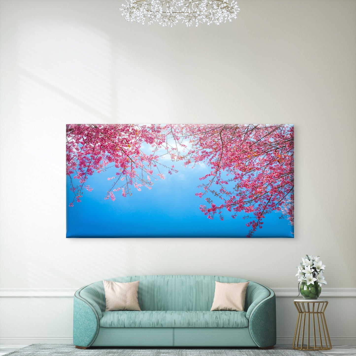 Pink Blossoms Blue Sky Wall Art Canvas Office Home Room Framed 120x60cm