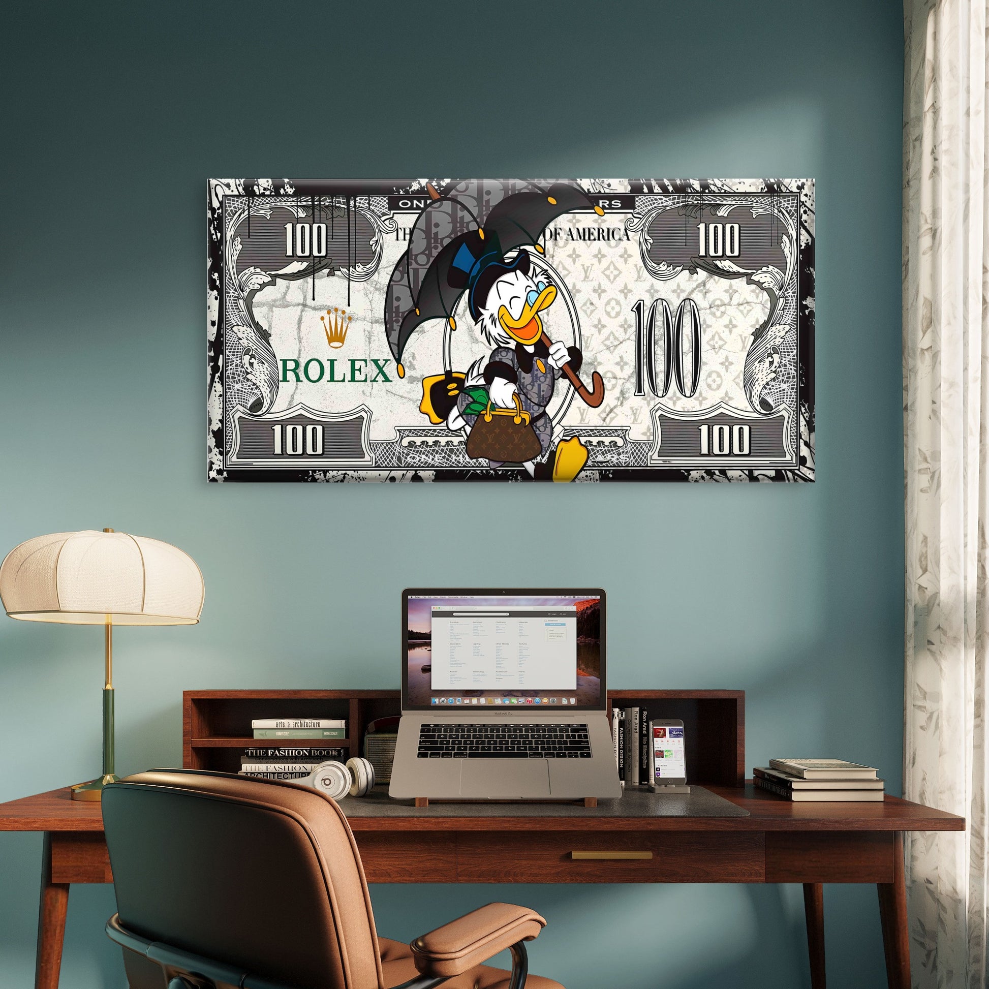 Rich Duck Dollar Bill Money Print Wall Art Canvas Office Home Framed 120x60cm - Bella Home Decor
