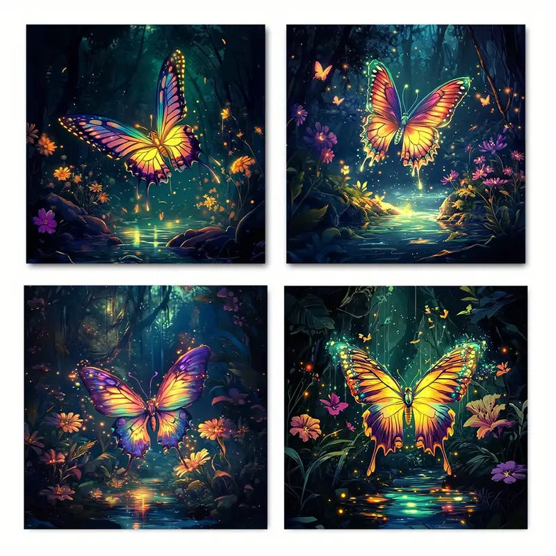 4pcs Vibrant Butterfly & Forest Canvas Prints Wall Art Canvas Framed
