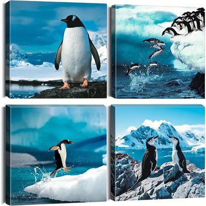 4pcs Penguin Picture Painting Wall Art Canvas Framed
