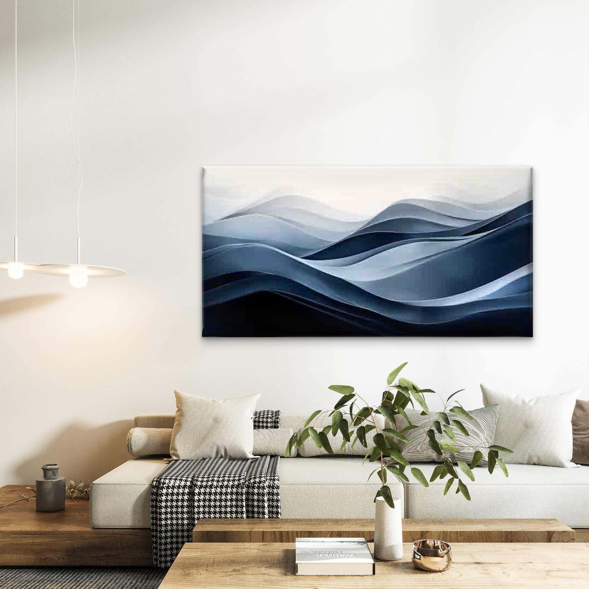 Abstract Wave Design in Blue Wall Art Canvas Office Home Room Framed 120x60cm - Bella Home Decor
