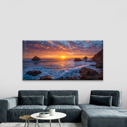 Coastal Sunset Ocean Waves Wall Art Canvas Office Home Room Framed 120x60cm