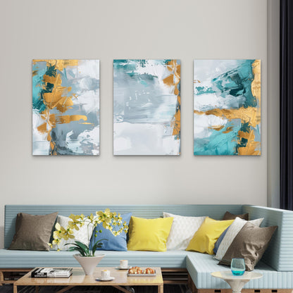 3pcs Teal Mint Turquoise Grey Gold Foil Abstract   Wall Art Set Canvas Framed 50x70cm - High Quality Print 100% Australian Made Wall Canvas Ready to Hang