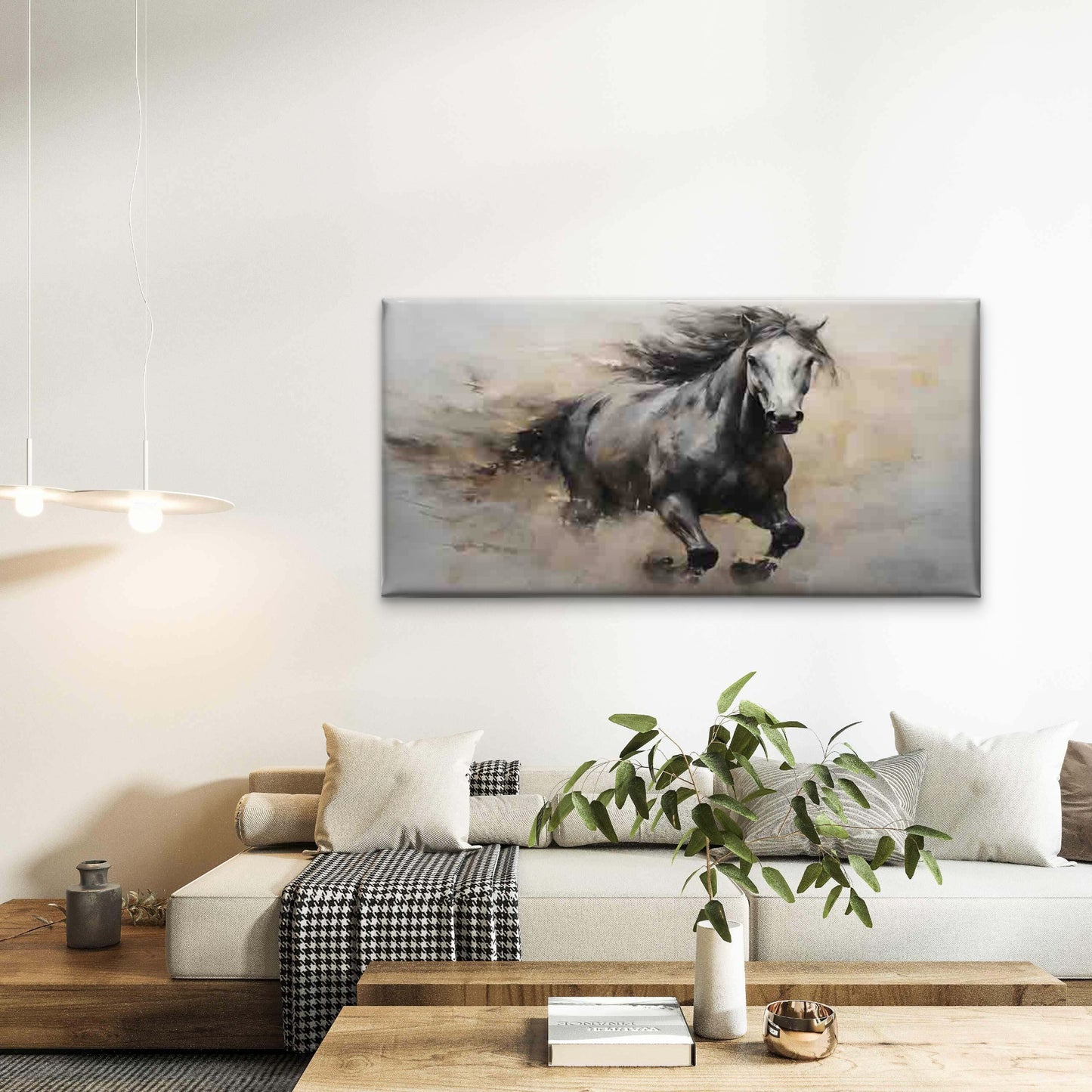 Running Black Horse Wall Art Canvas Office Home Room Framed 120x60cm - Bella Home Decor