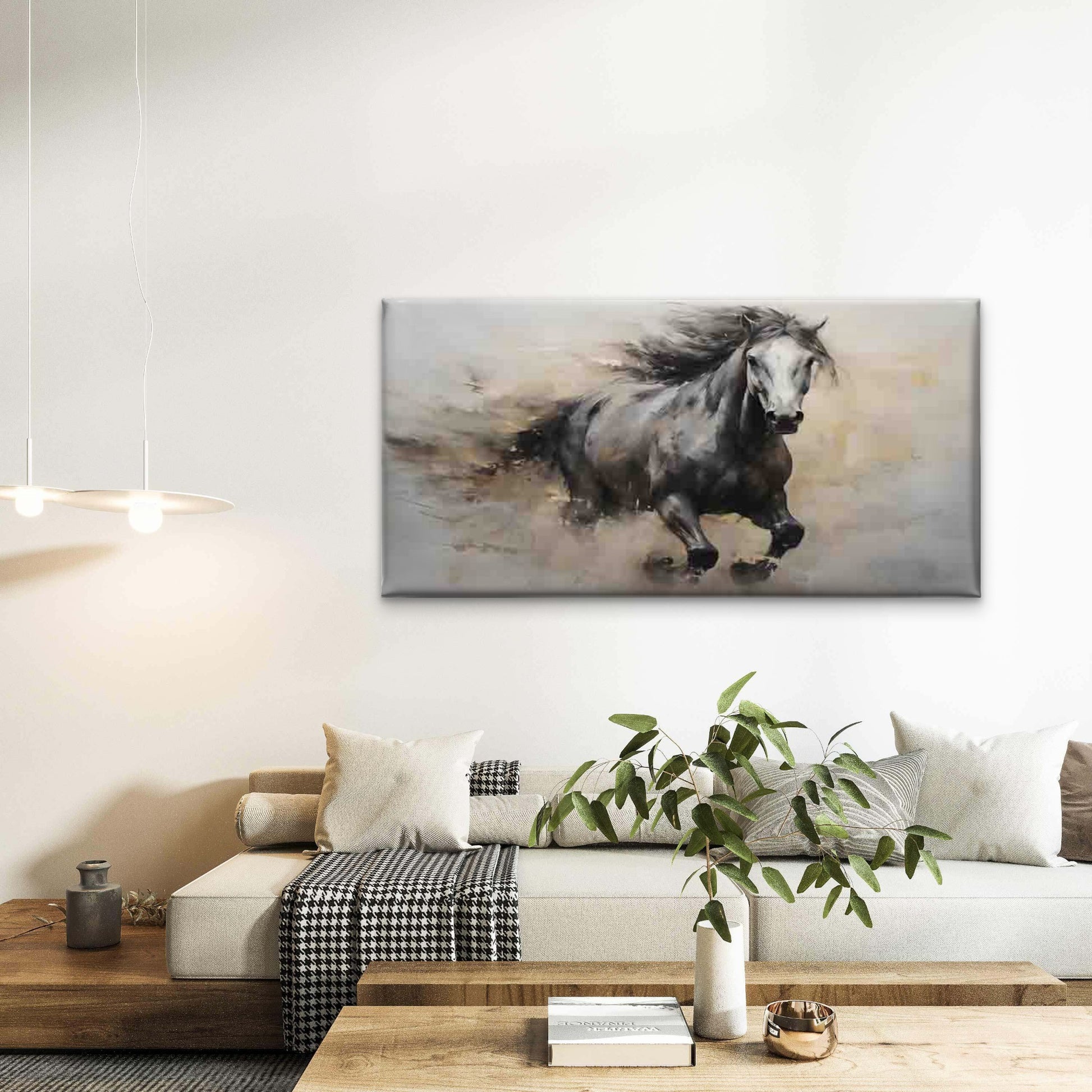 Running Black Horse Wall Art Canvas Office Home Room Framed 120x60cm - Bella Home Decor