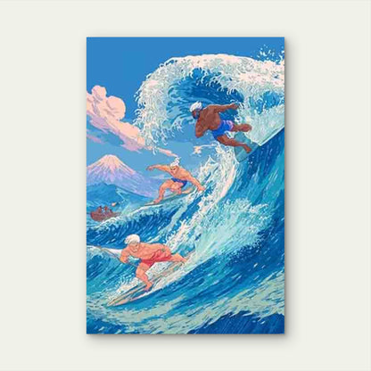 Surfing Wave Art Print with Surfers, Ocean Waves 60x90cm Metal Print Ready to Hang