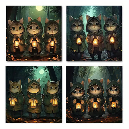 4pcs Whimsical Cat Figures In Enchanted Forest Wall Art Canvas Framed