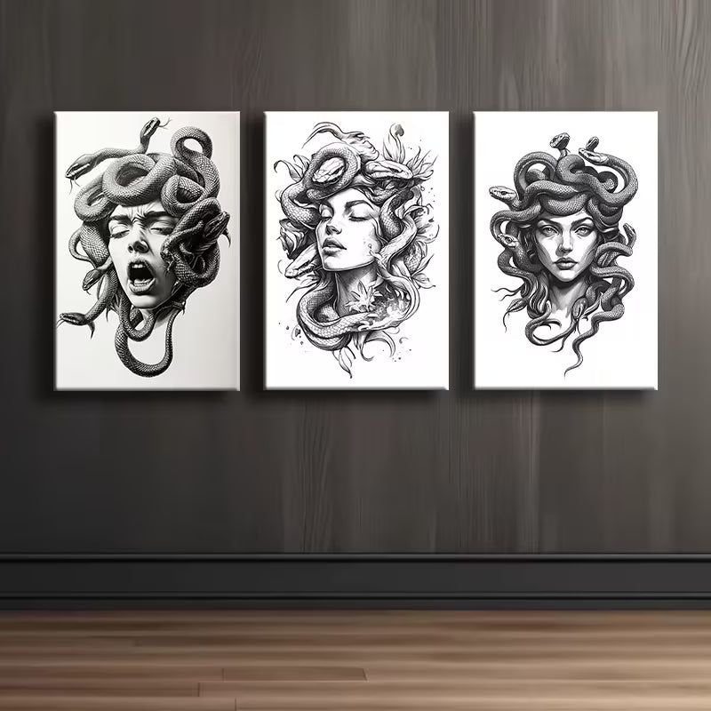 3pcs Medusa Head Mythical Gorgon Portraits Wall Art Set Canvas Framed 40x60cm - High Quality Print 100 % Australian Made Wall Canvas Ready to Hang