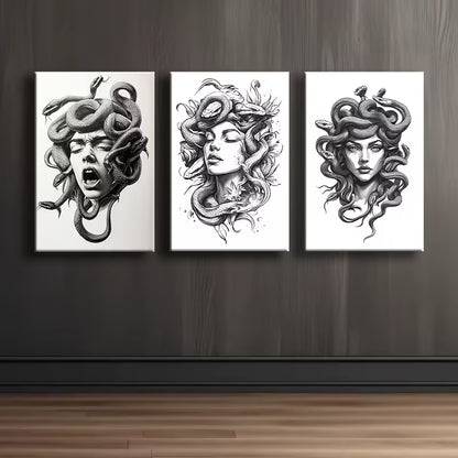 3pcs Medusa Head Mythical Gorgon Portraits Wall Art Set Canvas Framed 40x60cm - High Quality Print 100 % Australian Made Wall Canvas Ready to Hang