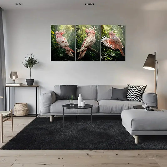 3pcs Pink Parrot In Jungle Metal Print Ready to Hang Art
