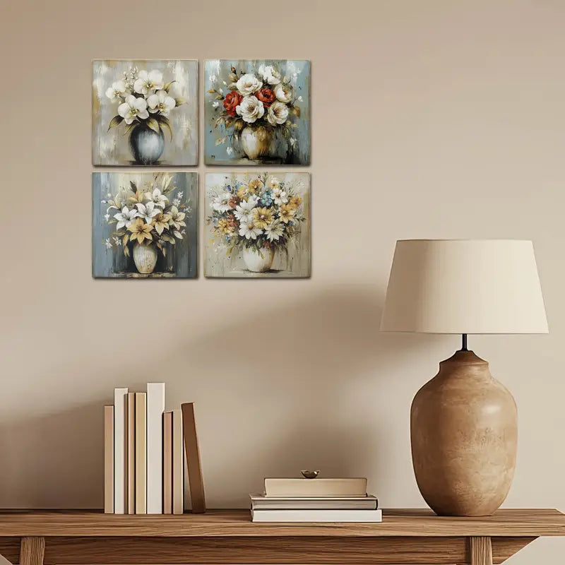4pcs White,Red And Yellow Flower Boquet With Vas Wall Art Canvas Framed