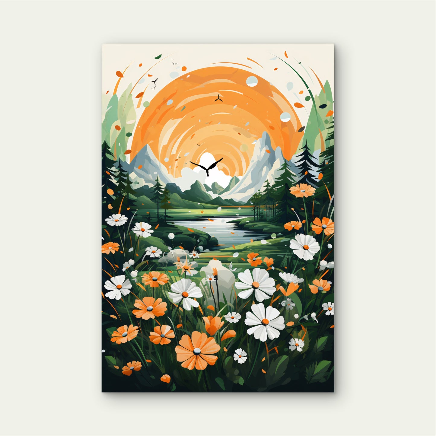 Vibrant Sun-Kissed Landscape Illustration 40x60cm Metal Print Ready to Hang