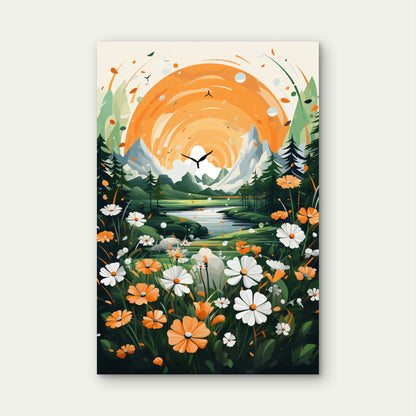 Vibrant Sun-Kissed Landscape Illustration 40x60cm Metal Print Ready to Hang