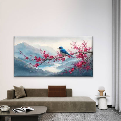 Blue Bird on Cherry Blossom Wall Art Canvas Office Home Room Framed 120x60cm