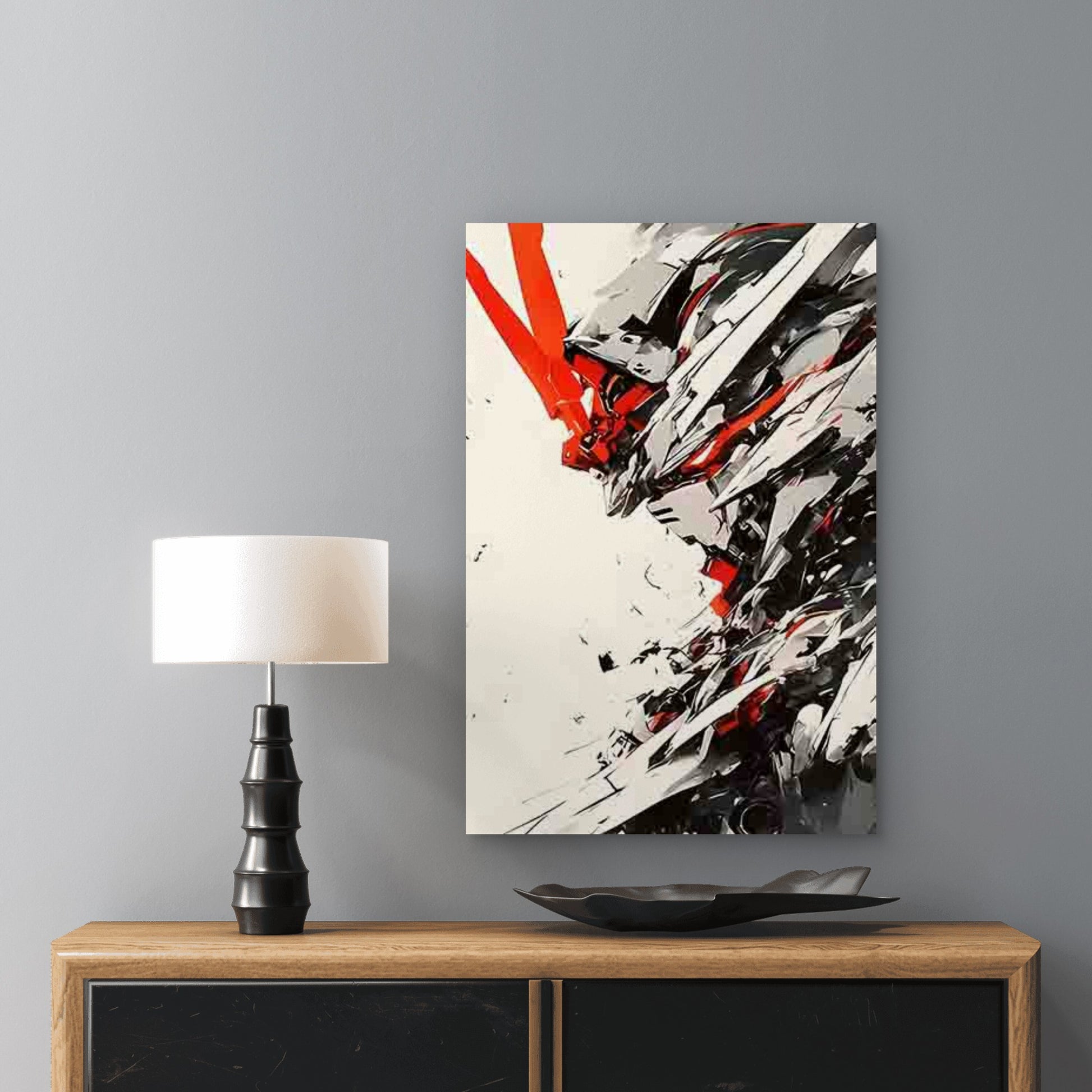 Cool Mech Head Design in Red, White, Black 40x60cm Metal Print Ready to Hang - Bella Home Decor