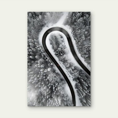 Aerial View of Car on Snow-Covered Winding Road 40x60cm Metal Print Ready to Hang