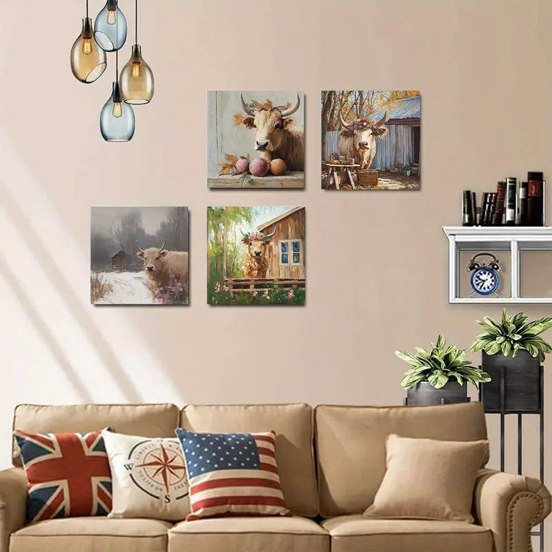 4pcs Abstract Highland Cow Art Wall Art Canvas Framed - Bella Home Decor
