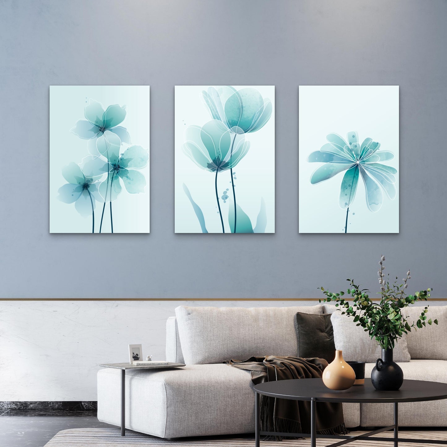 3pcs Teal Watercolor Floral Flower Art Wall Art Set Canvas Framed 60x90cm - High Quality Print 100% Australian Made Wall Canvas Ready to Hang