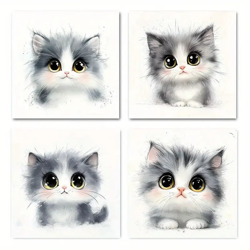 4pcs Adorable Gray & White Kitten Wall Art Canvas Framed