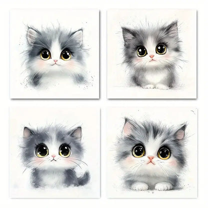 4pcs Adorable Gray & White Kitten Wall Art Canvas Framed