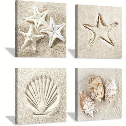 4pcsCoastal Seascape Conch Wall Art Canvas Framed