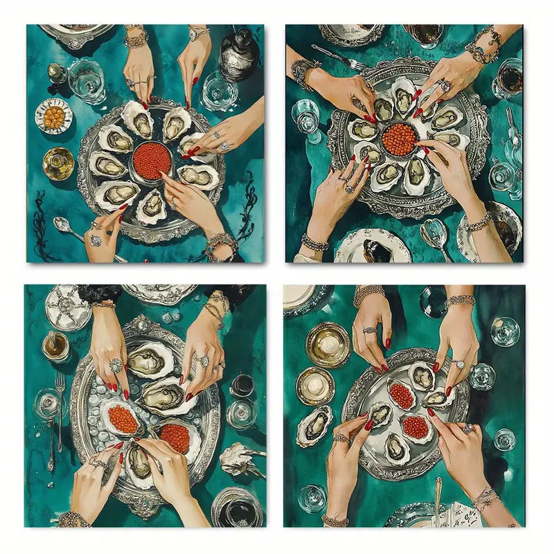 4pcs Caviar Eat Rare Seafood Dinner For The Rich Wall Art Canvas Framed