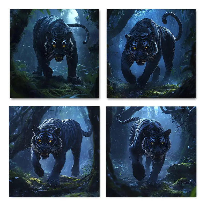 4pcs Night Forest Hunter Tiger Poster Wall Art Canvas Framed