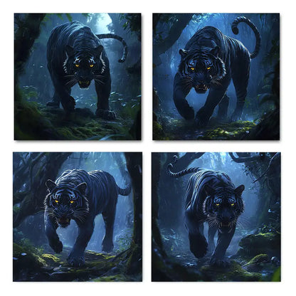 4pcs Night Forest Hunter Tiger Poster Wall Art Canvas Framed
