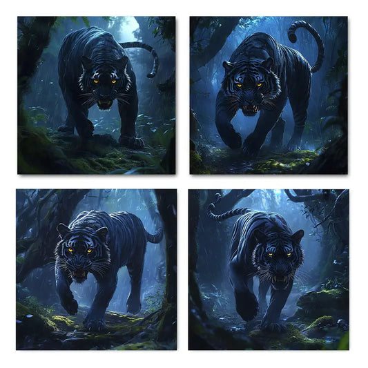4pcs Night Forest Hunter Tiger Poster Wall Art Canvas Framed