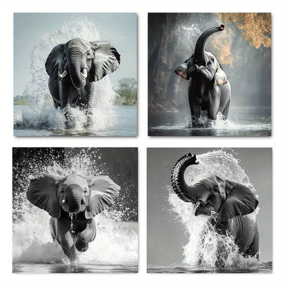 4pcs  Elephant Wall Art Canvas Framed