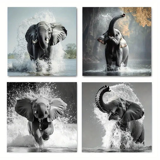 4pcs  Elephant Wall Art Canvas Framed