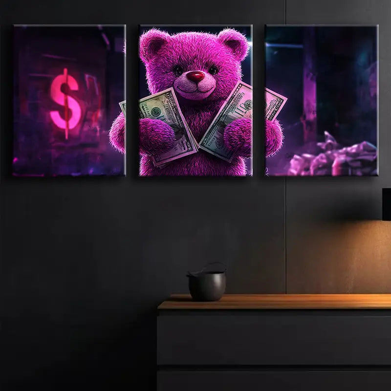 3pcs Luxurious Bear Design With Dollar Bills Metal Print Ready to Hang Art