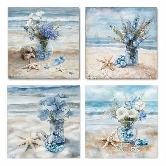 4pcs Beach Flowers In A Bottle Wall Art Canvas Framed