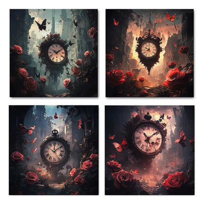 4pcs Pink Rose & Butterfly  Whimsical Clock Desig Wall Art Canvas Framed
