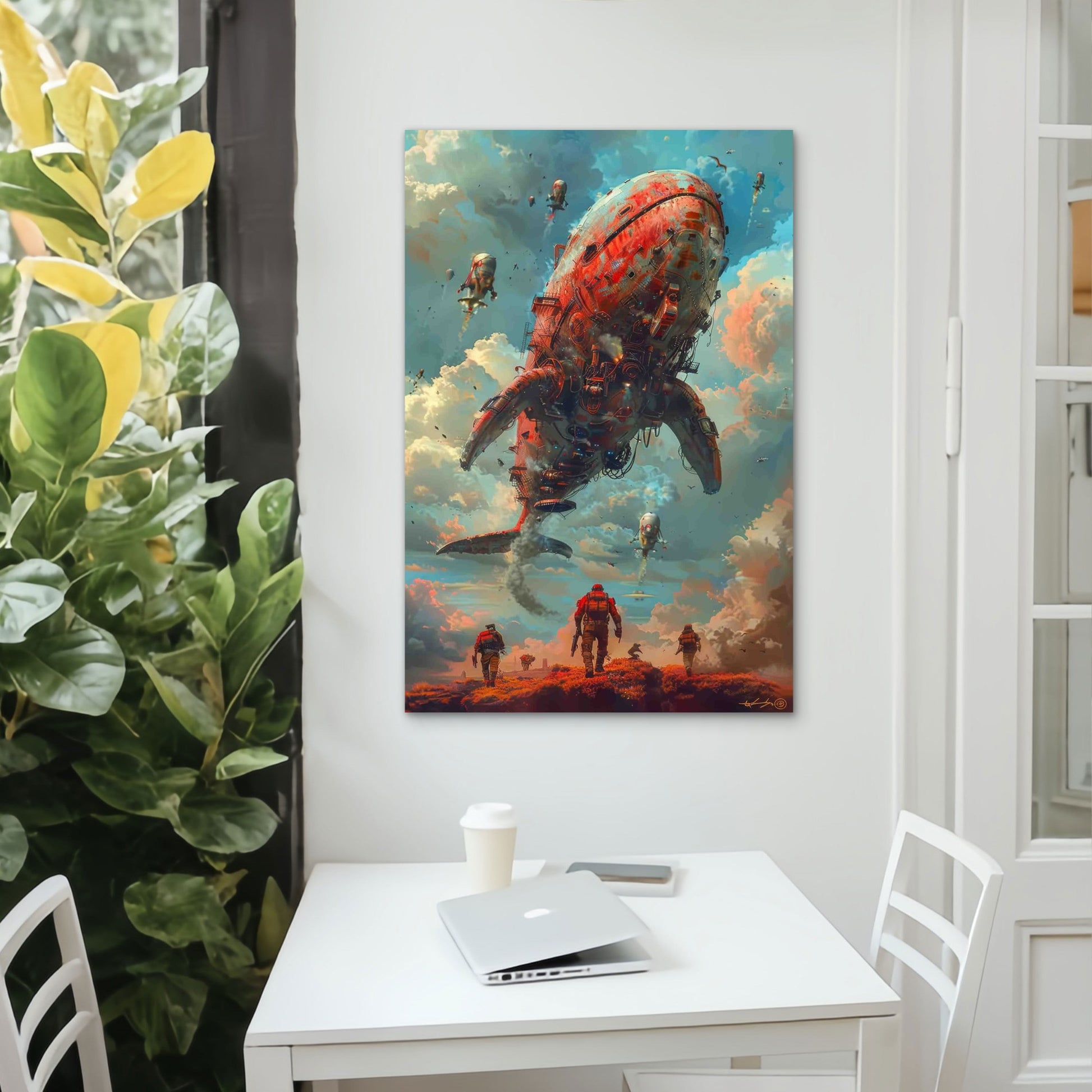 Futuristic Cyberpunk Sky with Mechanical Whales 60x90cm Metal Print Ready to Hang