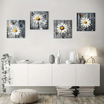 4pcs Daisy Flowers And Butterflies Wall Art Canvas Framed