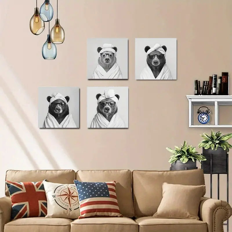4pcs Abstract Funny Black And White Bear Picture Wall Art Canvas Framed - Bella Home Decor