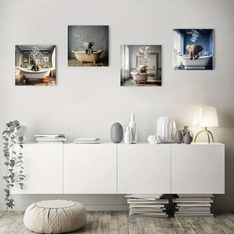 4pcs  Charming Elephant Bath Tim Theme Wall Art Canvas Framed