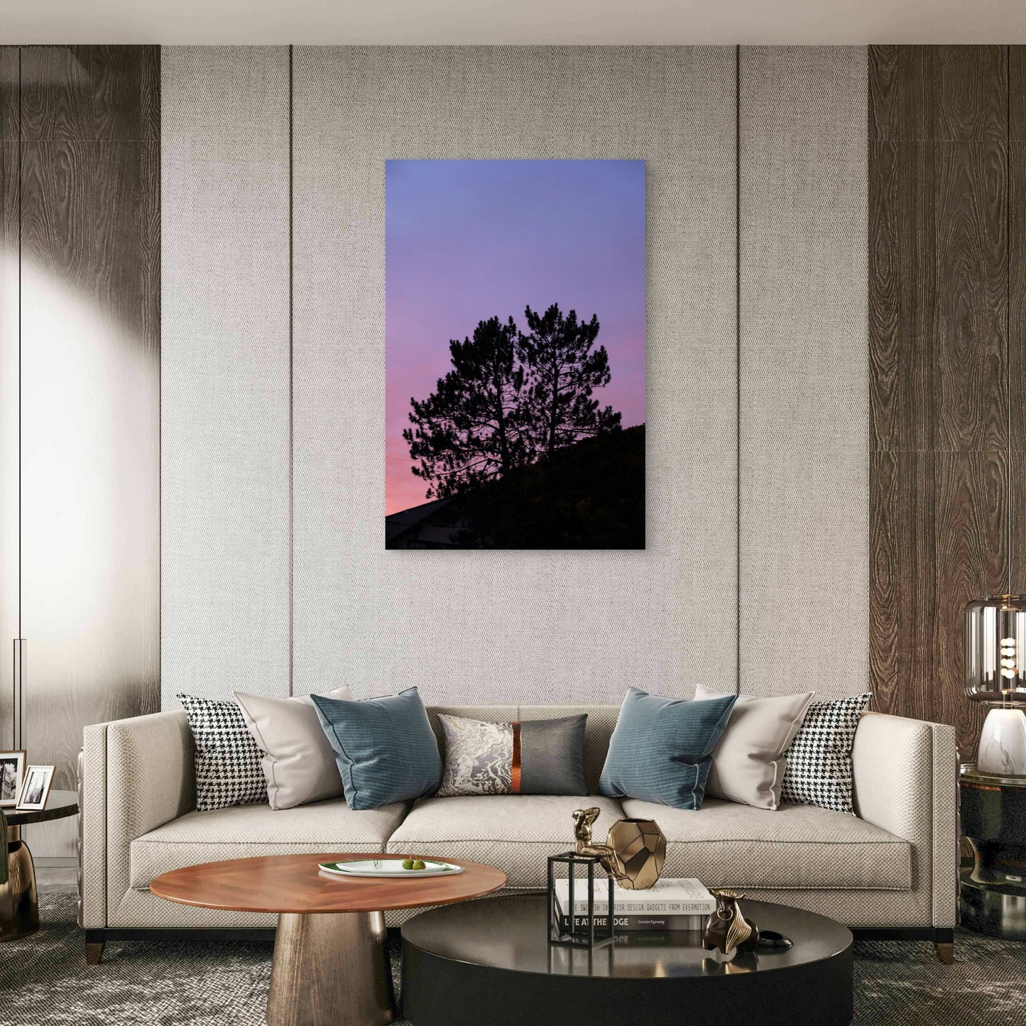 Pine Trees Silhouetted Against A Vibrant Sky 60x90cm Metal Print Ready to Hang