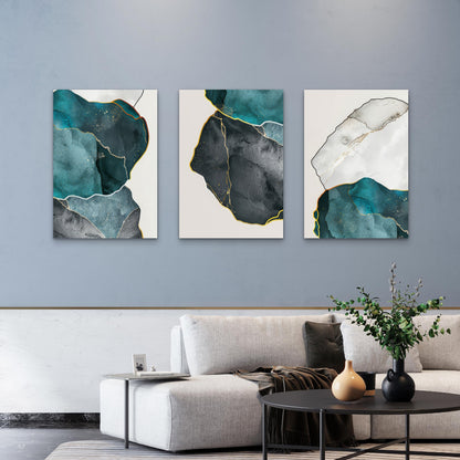 3pcs Abstract Teal Agate Marble Painting  Wall Art Set Canvas Framed 60x90cm - High Quality Print 100% Australian Made Wall Canvas Ready to Hang