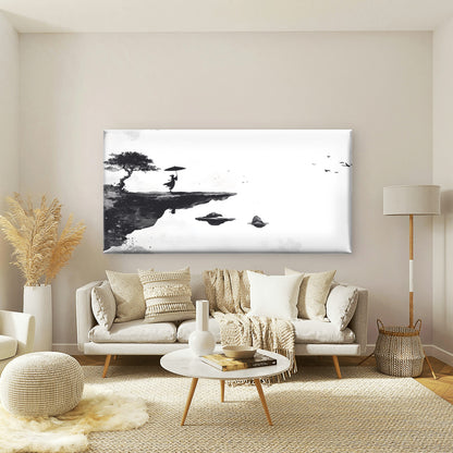 Zen Ink Cliffside Silhouette Wall Art Canvas Office Home Room Framed 120x60cm - Bella Home Decor